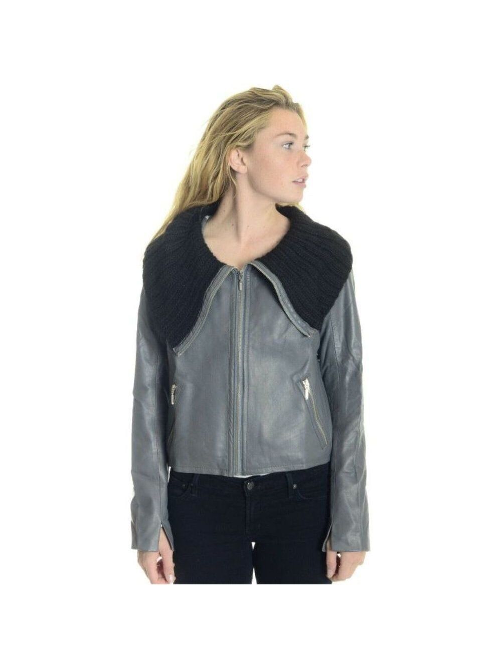 1020 by Nicole Grey Leather Jacket Knit Collar M